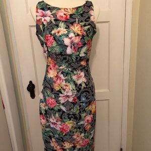 Floral/black sleeveless sheath dress